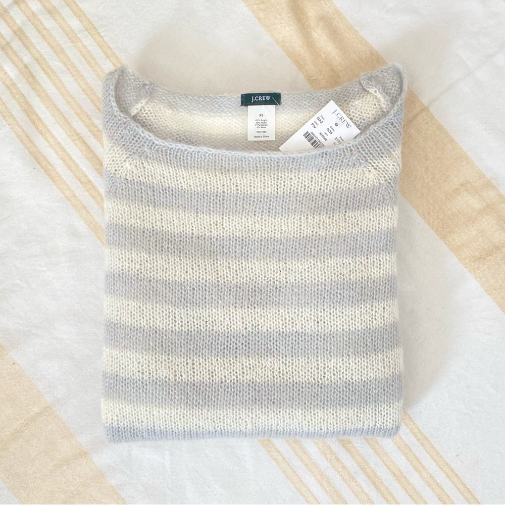 J.Crew NWT 🩶 Soft Cozy Mohair-Blend Loose-knit Sweater Grey/White Stripe SZ XS - Picture 16 of 16